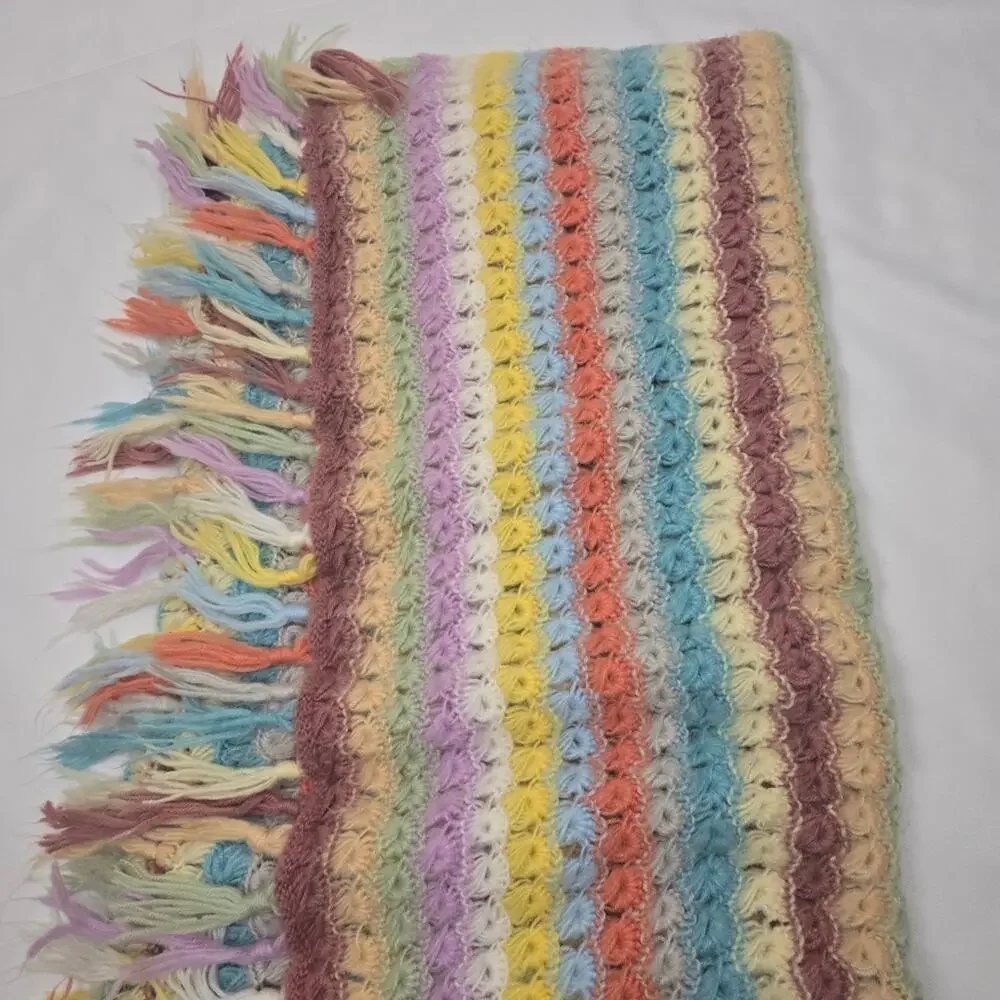 Handmade Rainbow Crochet Afghan Throw Blanket With Fringe Pastel Cottagecore